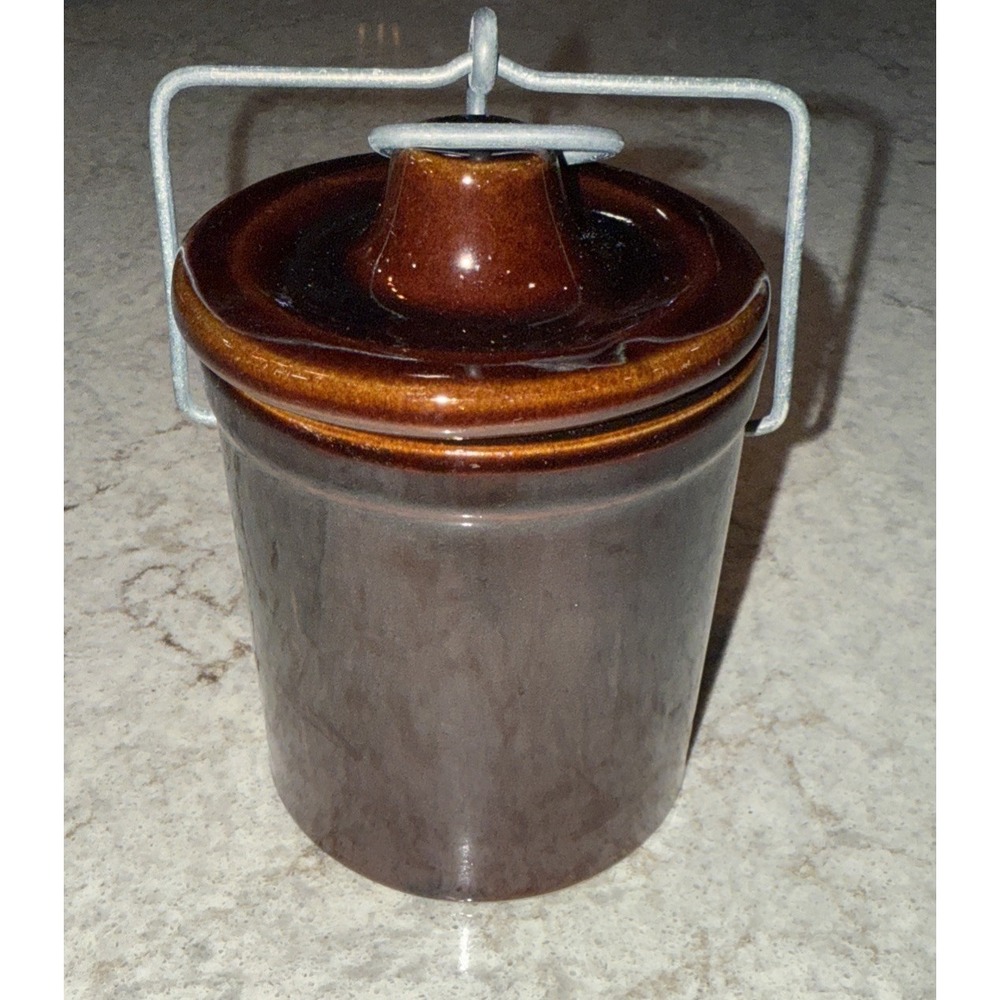 Vintage Mini Brown Stoneware Cheese Sour Dough Crock Wire Bail Clamp Lid Chip 4"
